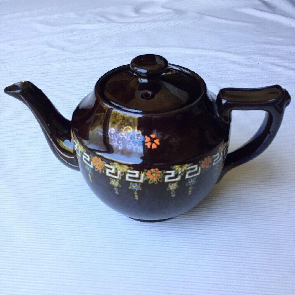 Hand Painted Black Teapot Floral Flower Art Ornate Pottery Made in Japan Vintage
